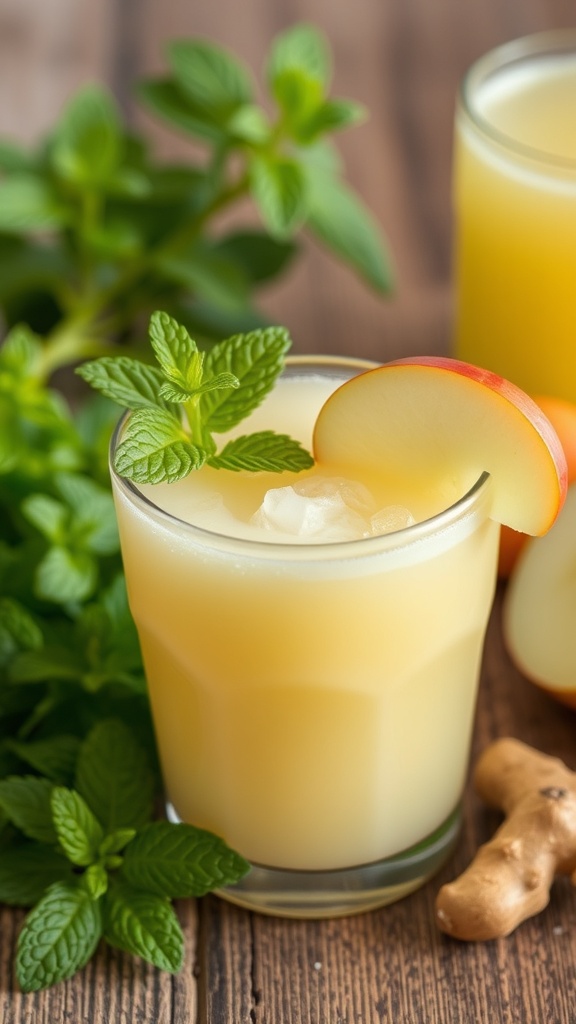 A refreshing glass of morning sickness soother juice with ginger and mint leaves.