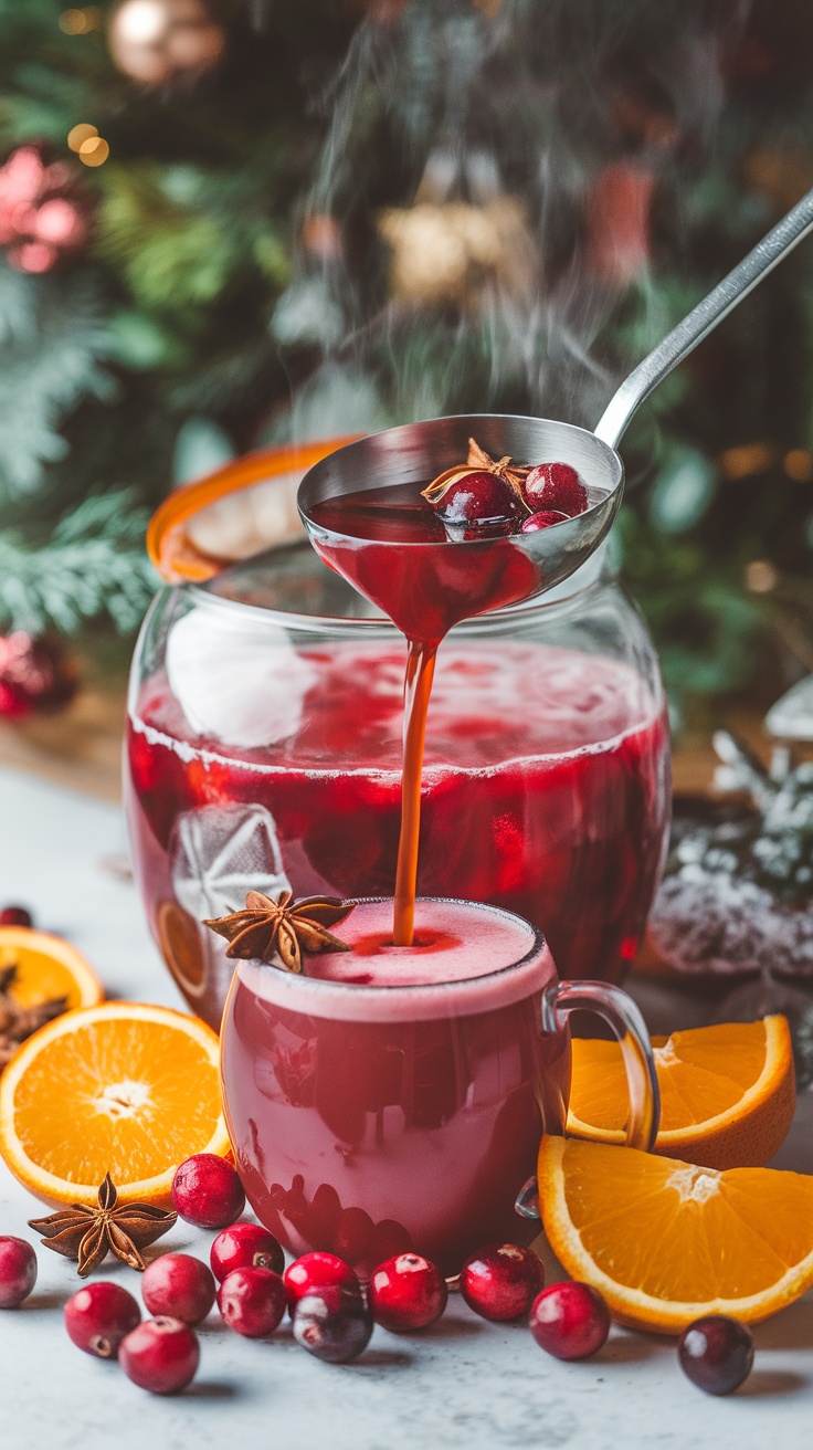 A steaming mug of Mulled Cranberry Punch, surrounded by oranges and cranberries, capturing a warm winter vibe.