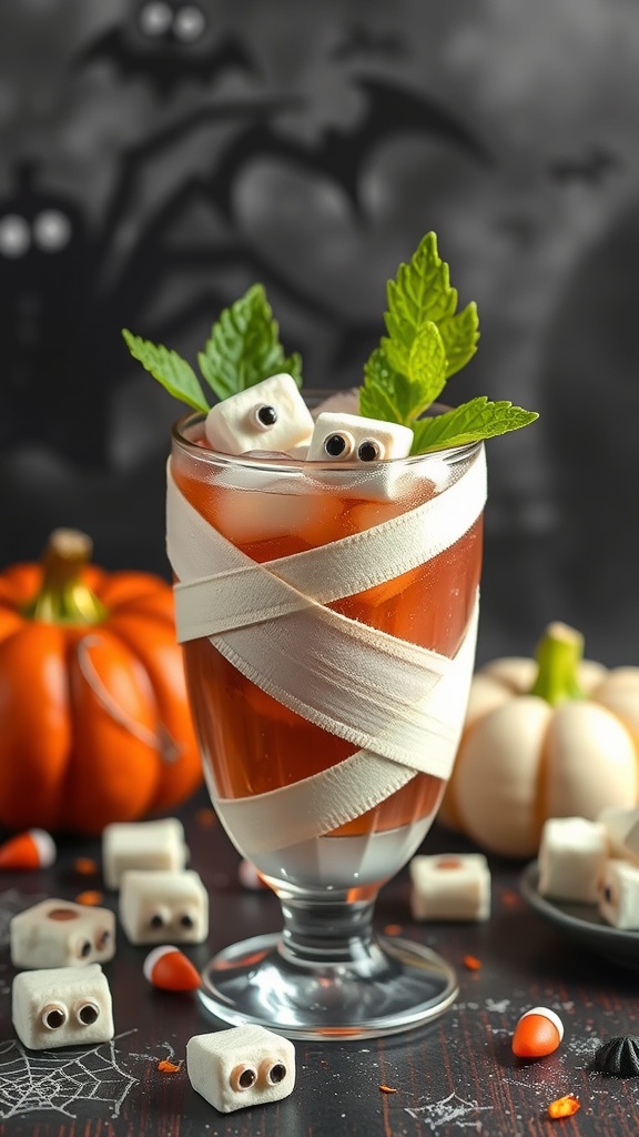 A Mummy Mule Mocktail with ginger beer, lime, and marshmallow eyes, perfect for Halloween.