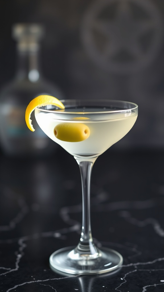 A stylish martini glass filled with a clear mocktail, garnished with a lemon twist and an olive.