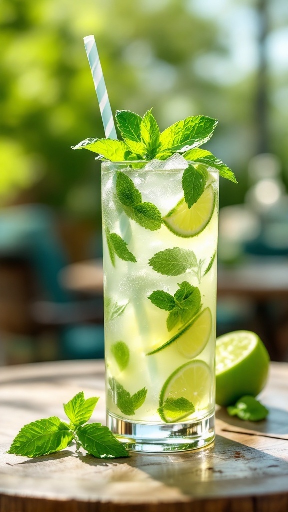 A refreshing Nojito mocktail with mint and lime in a glass.