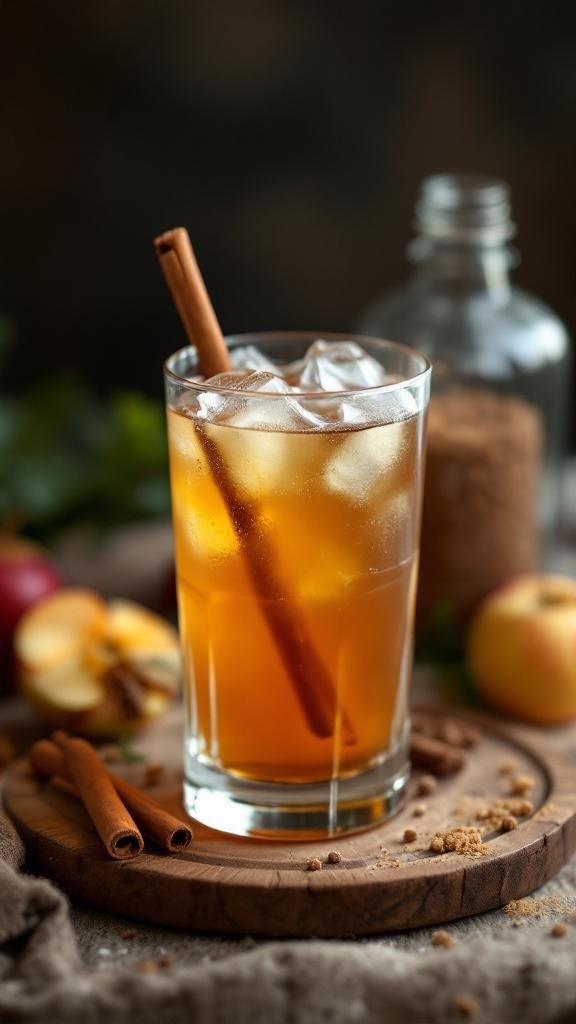 A refreshing Nutmeg Maple Mocktail with cinnamon stick and apple slices.