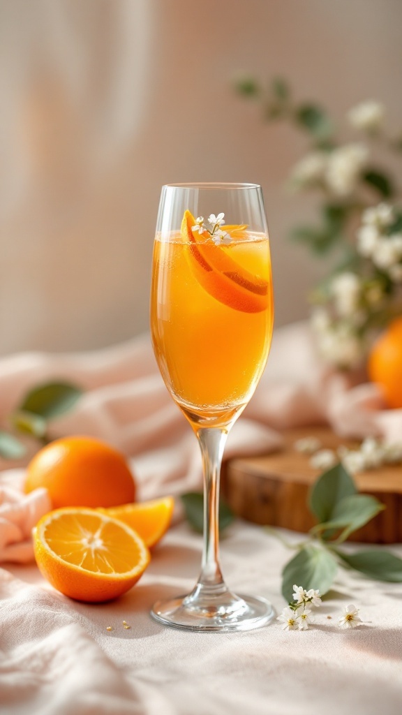 A refreshing Orange Blossom Mimosa Mocktail garnished with orange slices and flowers