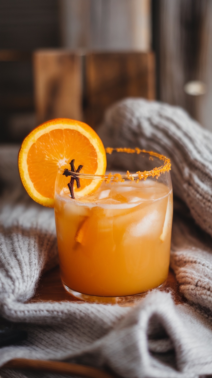 A glass of orange clove mocktail with an orange slice and cloves on top, surrounded by a cozy knit blanket.