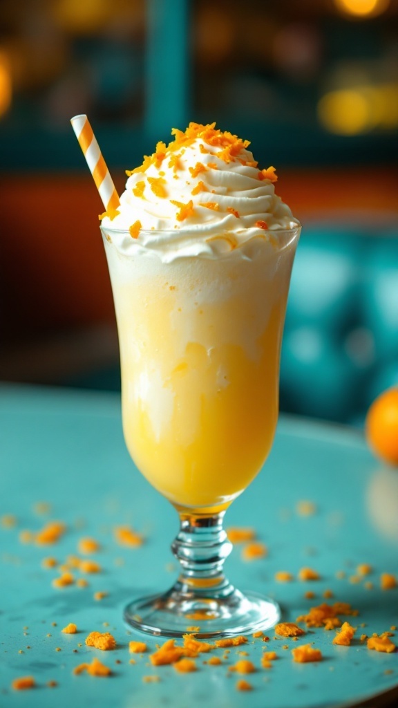 A delicious Orange Cream Float Mocktail with whipped cream and orange zest.