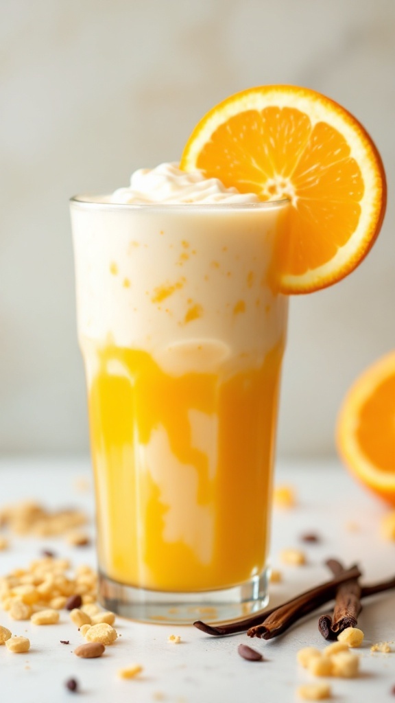 A refreshing Orange Creamsicle Mocktail in a glass, topped with whipped cream and an orange slice.