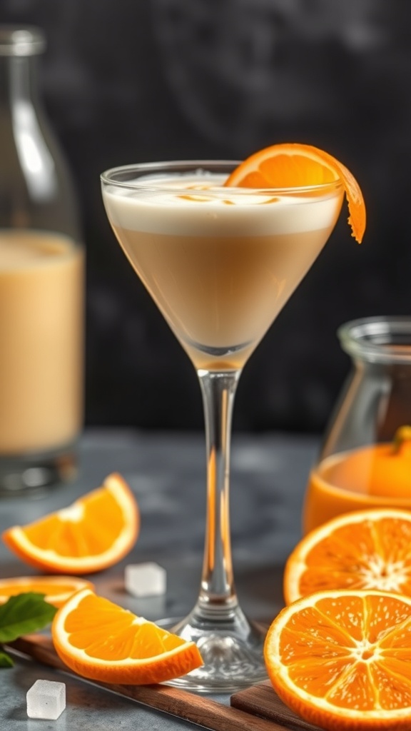 A refreshing Orange Creamsicle Mocktail in a glass, garnished with an orange slice, surrounded by fresh orange slices.