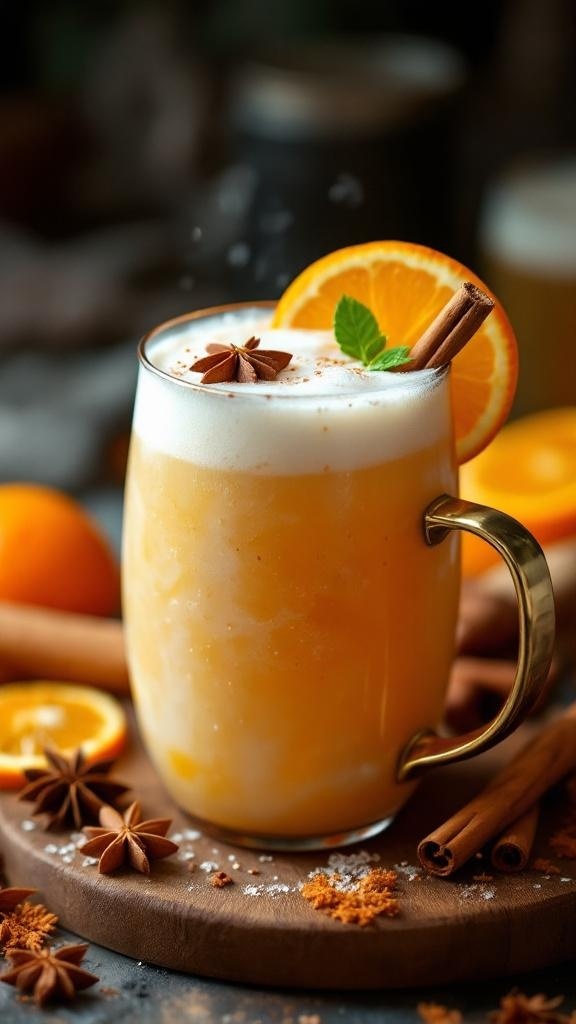 A delicious Orange Spice Mule Mocktail garnished with an orange slice and cinnamon stick.