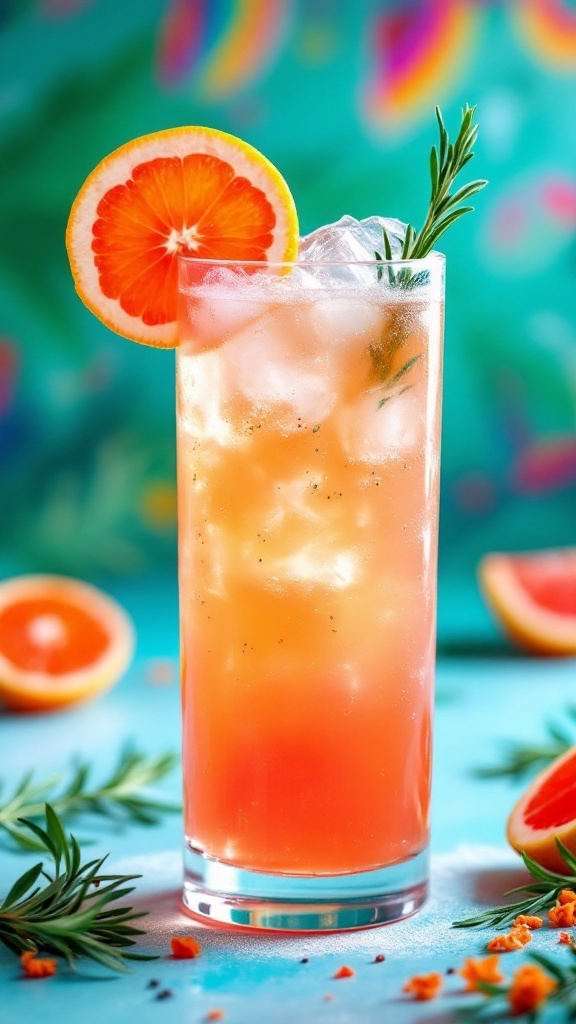 A vibrant Paloma Punch Mocktail garnished with a slice of orange and rosemary sprig