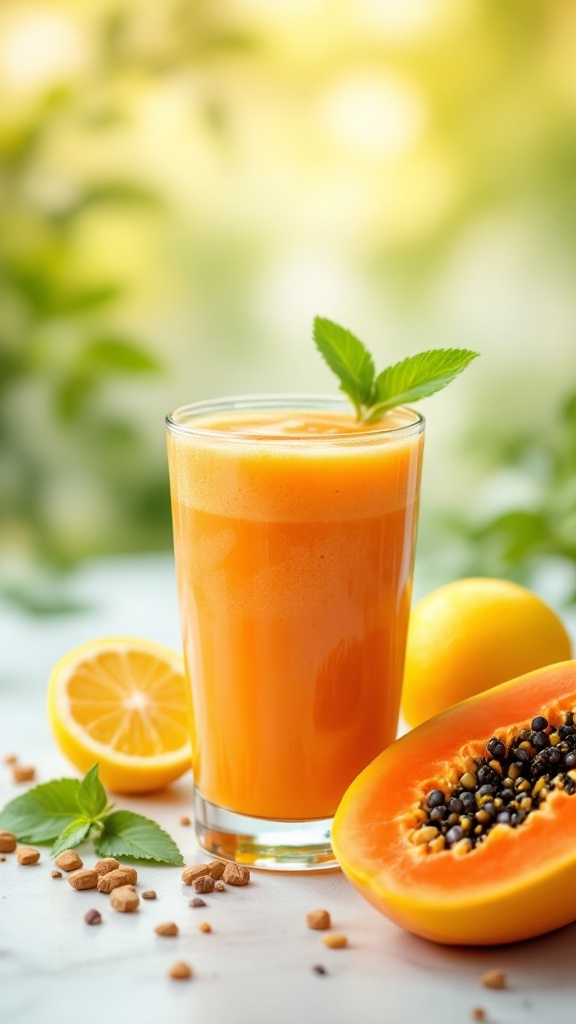 A glass of papaya-lemon juice with fresh papaya and lemon slices.