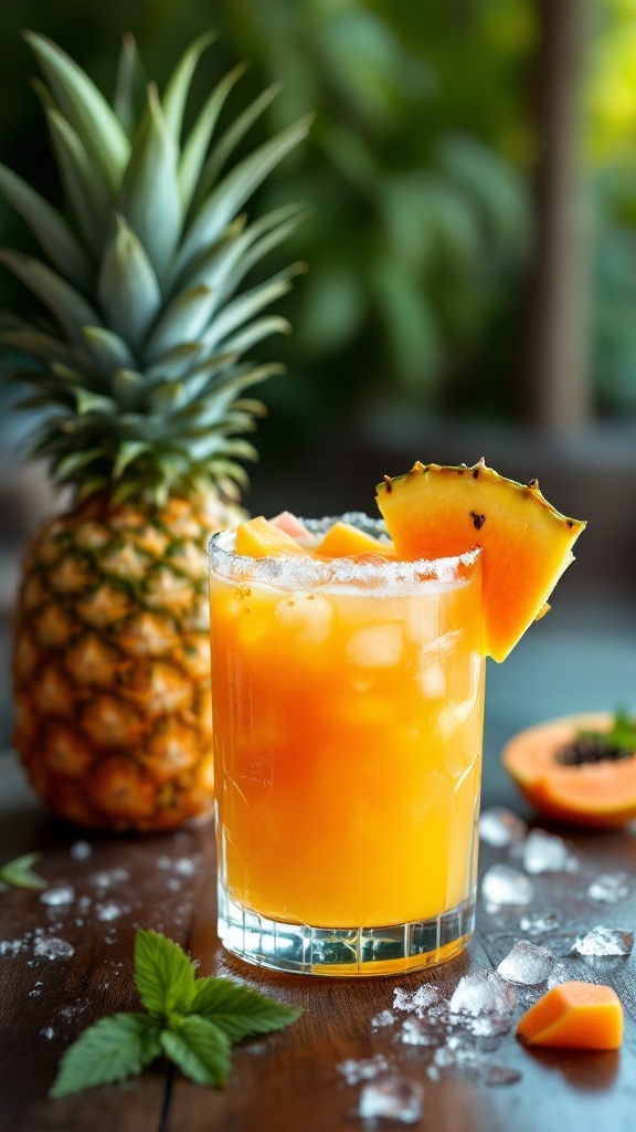 A refreshing Papaya Pineapple Punch Mocktail with ice and tropical fruits.