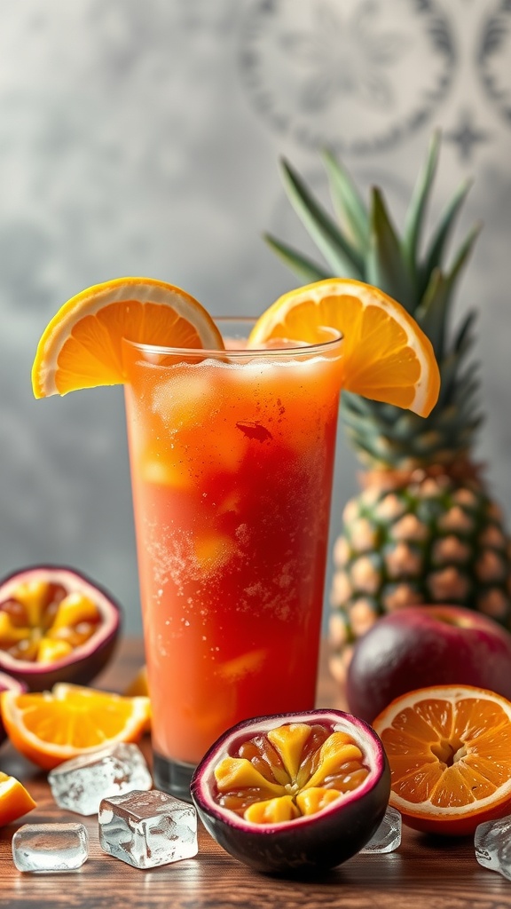A vibrant Passion Fruit Punch Mocktail garnished with orange slices, surrounded by fresh fruits and ice.