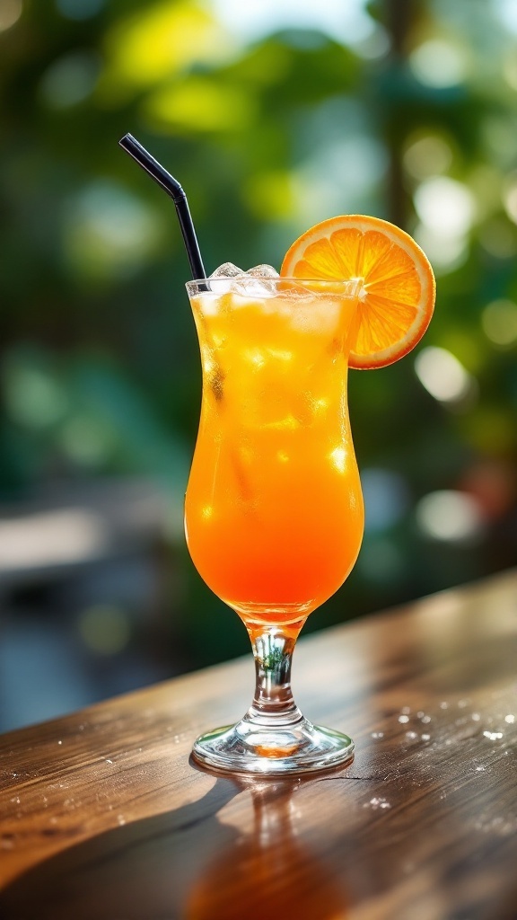 A colorful Passion Punch Mocktail with a slice of orange, served in a tall glass on a wooden table.
