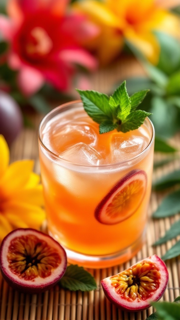 A vibrant Passionfruit Bliss Mocktail with mint leaves and sliced passionfruit, surrounded by colorful flowers.