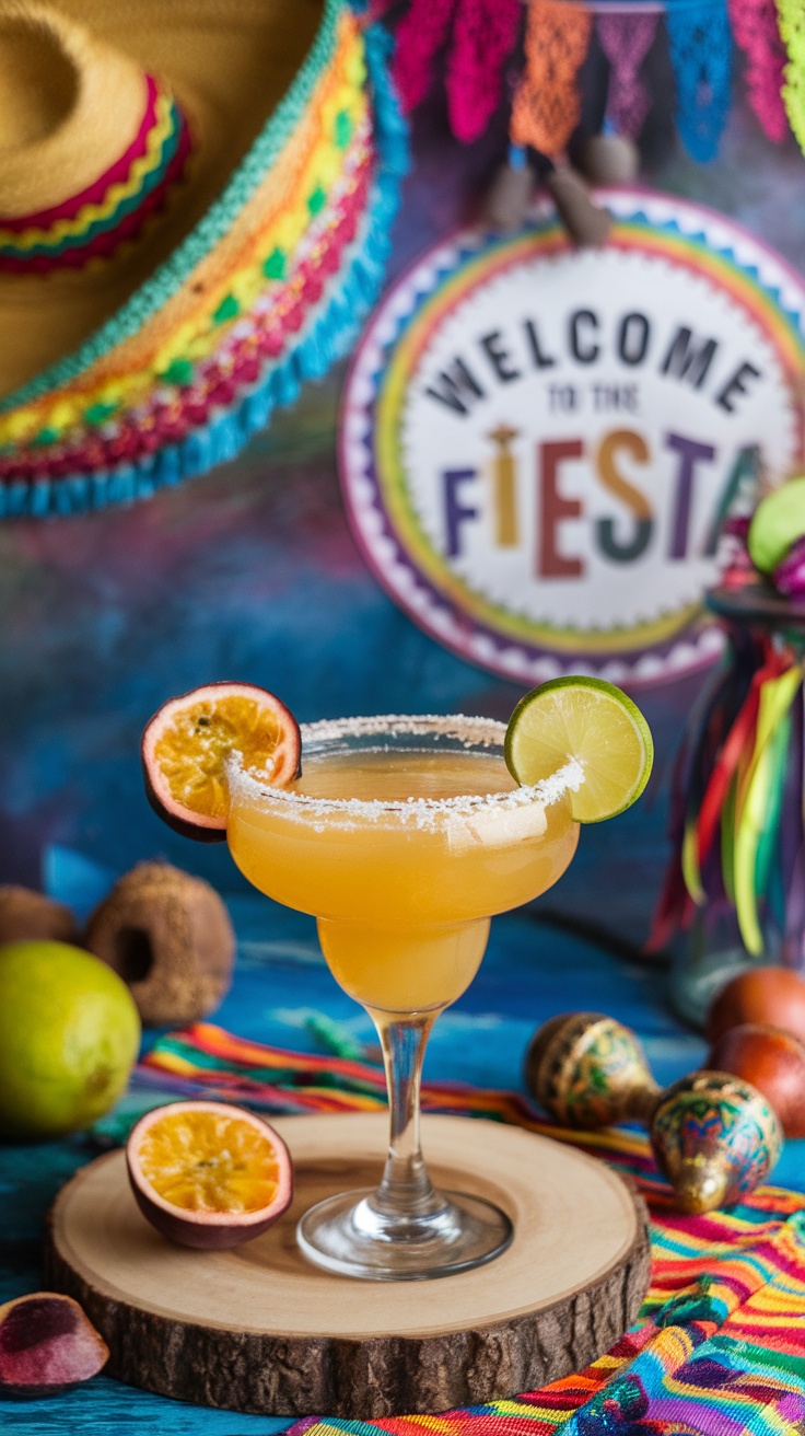 A vibrant passionfruit margarita mocktail garnished with lime and passionfruit slices, surrounded by colorful decorations.