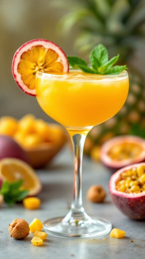 A colorful Passionfruit Mocktail garnished with a slice of orange and mint, surrounded by fresh fruits.