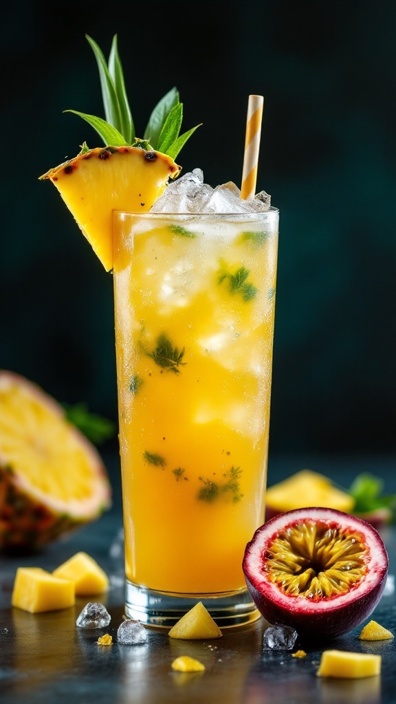 A vibrant Passionfruit Pineapple Mocktail garnished with pineapple and fresh herbs.