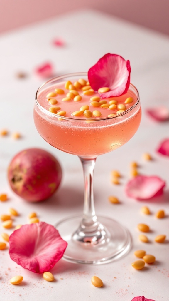 A pink mocktail garnished with rose petals and passionfruit seeds