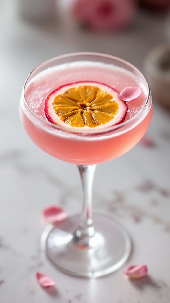 A beautifully presented Passionfruit Rose Elixir mocktail with a slice of lemon and rose petals.