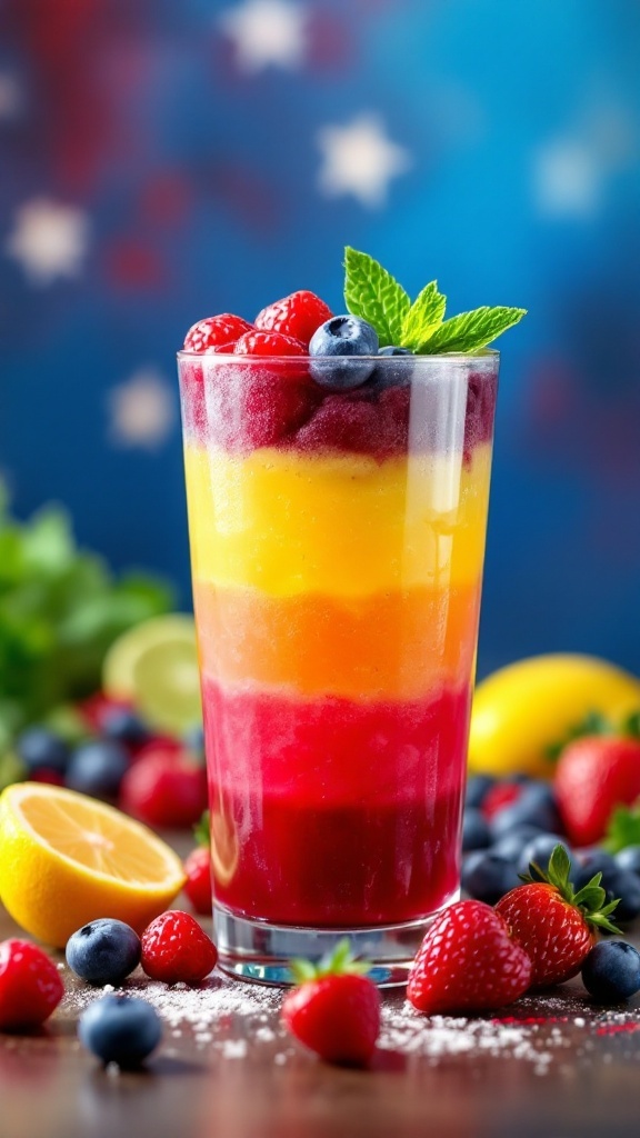 A colorful layered mocktail in a glass with fresh fruit garnishes against a festive background.