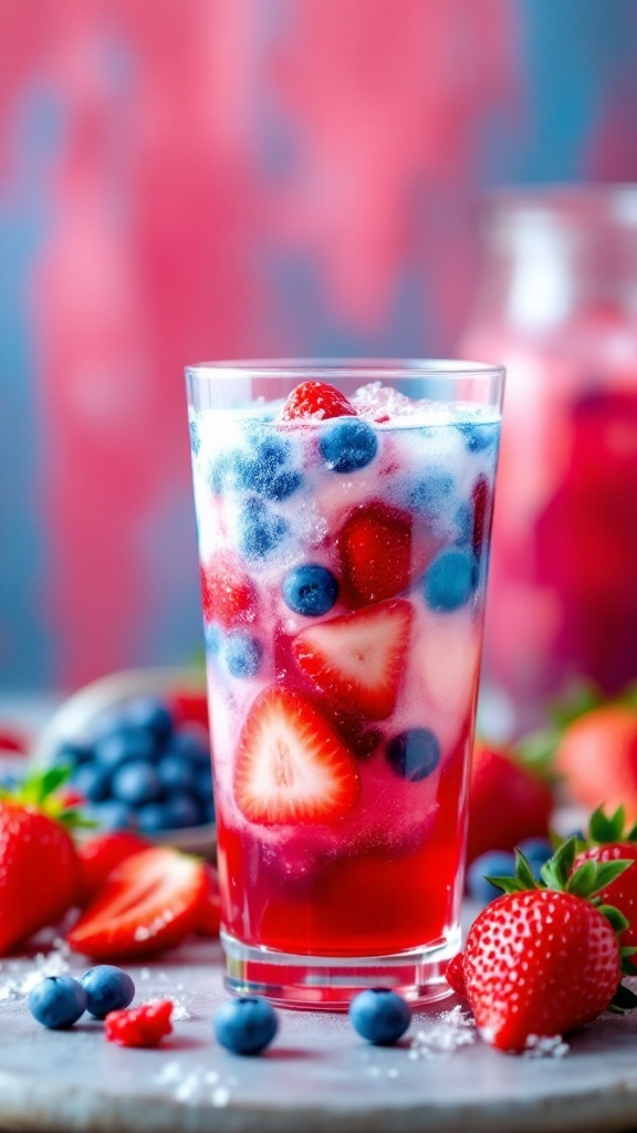 A vibrant glass of Patriotic Punch Mocktail with strawberries and blueberries.