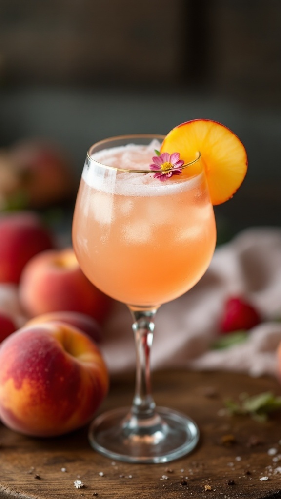 A refreshing peach mocktail garnished with a flower and peach slice.