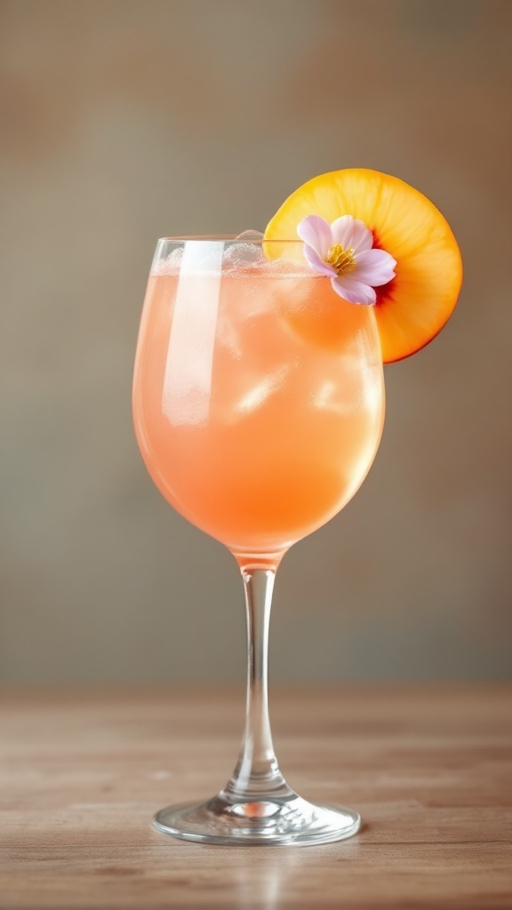 A refreshing Peach Blossom Spritz mocktail garnished with a peach slice and a flower.