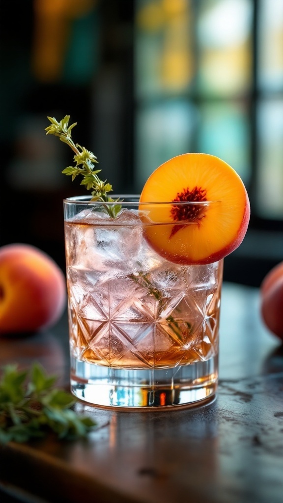 A refreshing Peach Bourbon Street Mocktail garnished with a peach slice and herbs.