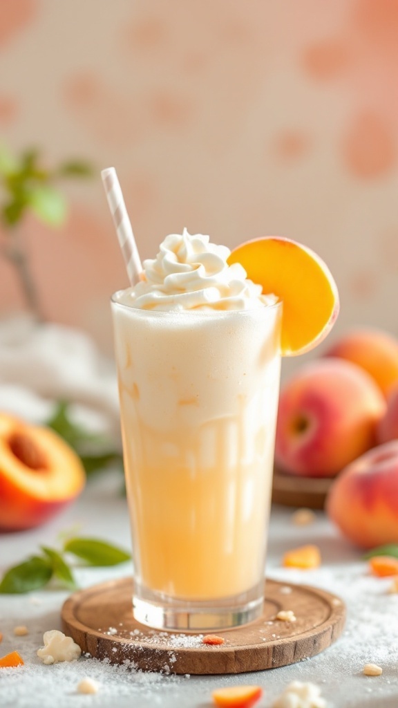 A refreshing Peach Cloud Mocktail topped with whipped cream and a peach slice.