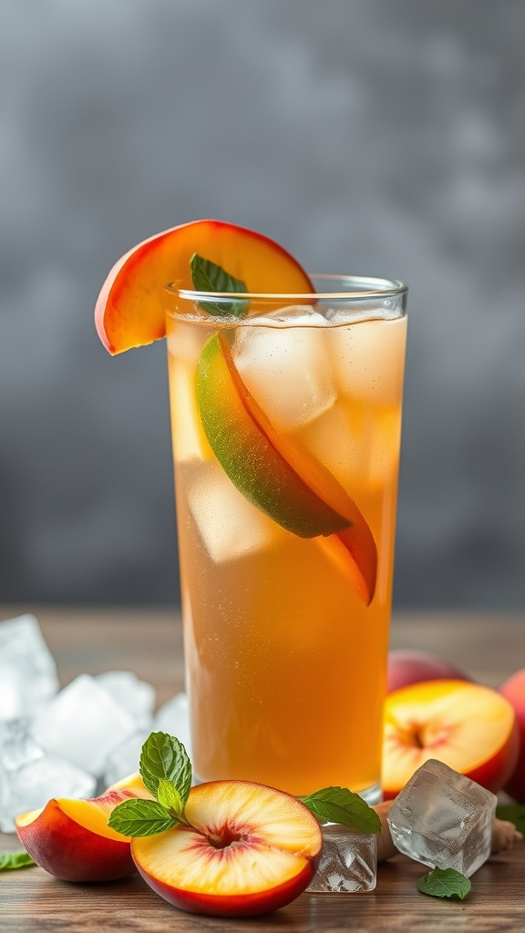 A refreshing Peach Ginger Iced Tea Mocktail in a glass with peach slices and mint leaves.