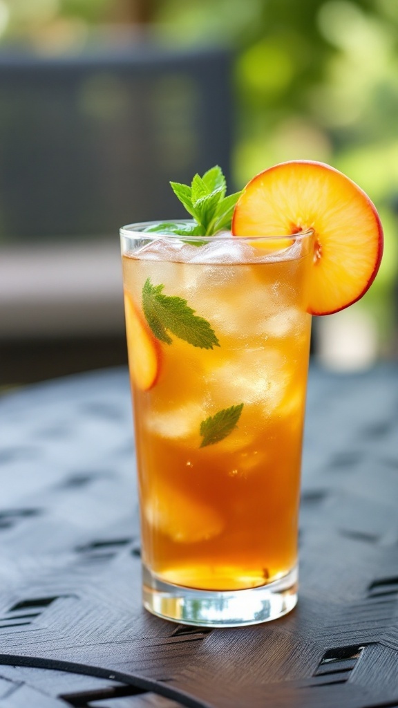 A refreshing glass of peach iced tea mocktail garnished with a slice of peach and mint leaves.