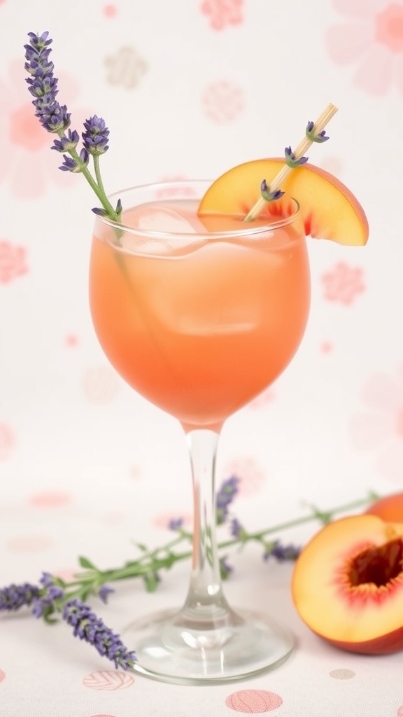 Refreshing Peach Lavender Fizz Mocktail served in a glass, garnished with lavender and peach slices.