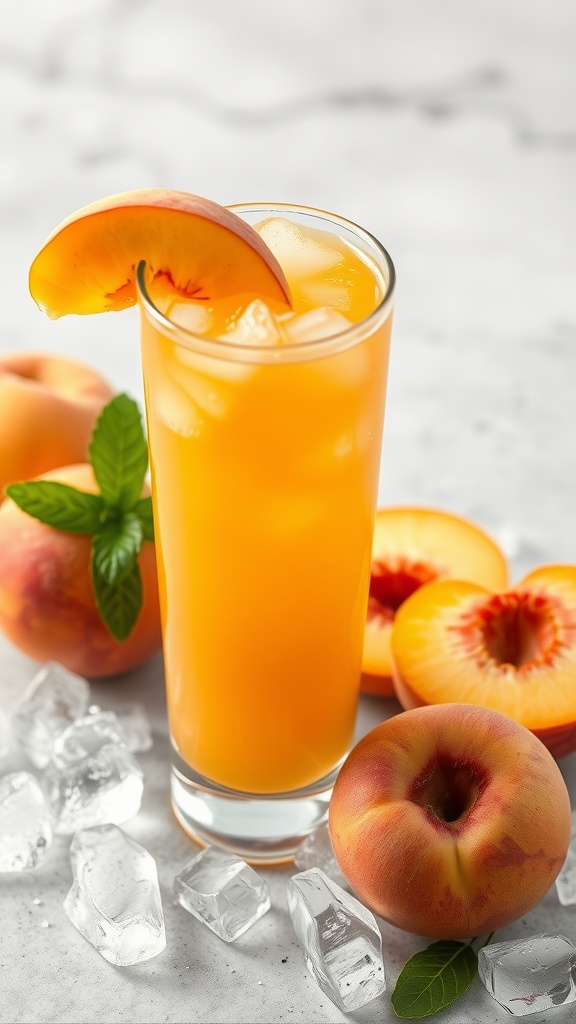 A refreshing Peach Party Punch Mocktail served in a tall glass with peach slices and mint leaves, surrounded by fresh peaches and ice.