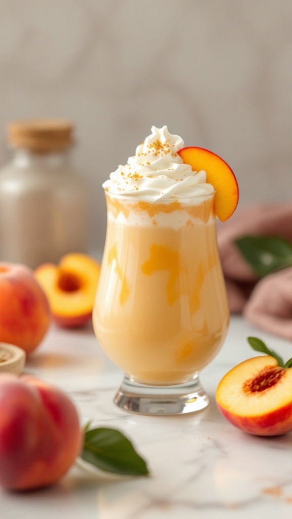 A delicious Peaches and Cream Mocktail topped with whipped cream and a slice of peach.