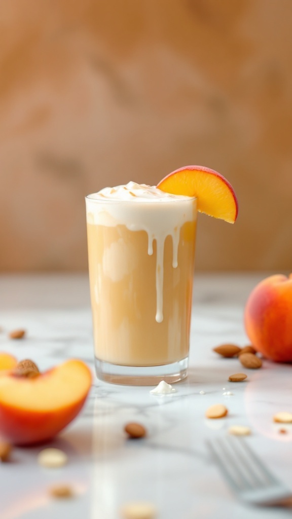 A refreshing Peachy Dream Mocktail with peach slices and creamy foam.