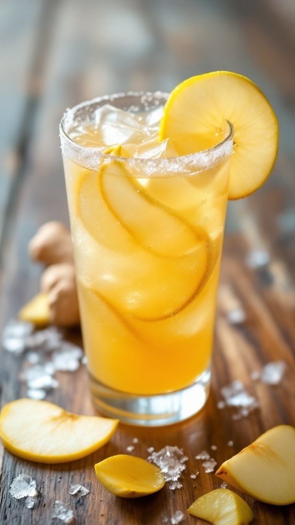 A chilled glass of Pear Apple Ginger Cooler Juice with slices of pear and lemon.