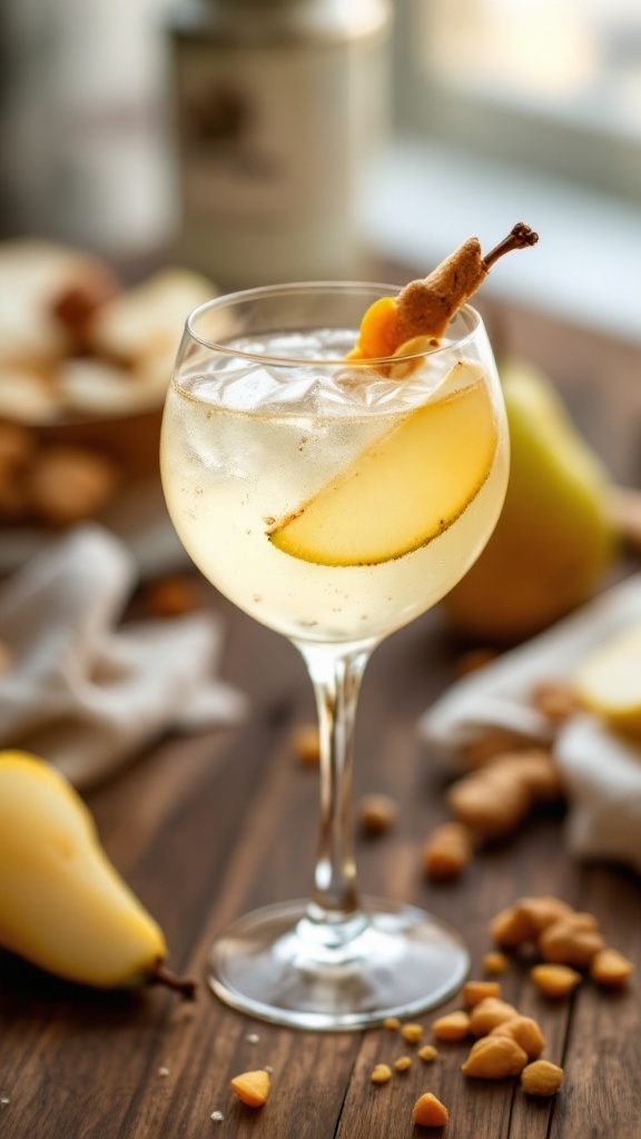 A refreshing Pear Ginger Sparkle mocktail in a glass with a slice of pear and ginger garnish.