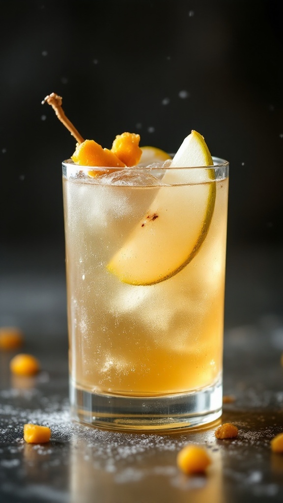 A glass of Pear Ginger Sparkler mocktail garnished with pear slices and ginger.