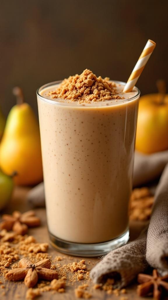 A creamy pear gingerbread smoothie topped with crumbled gingerbread and a striped straw.
