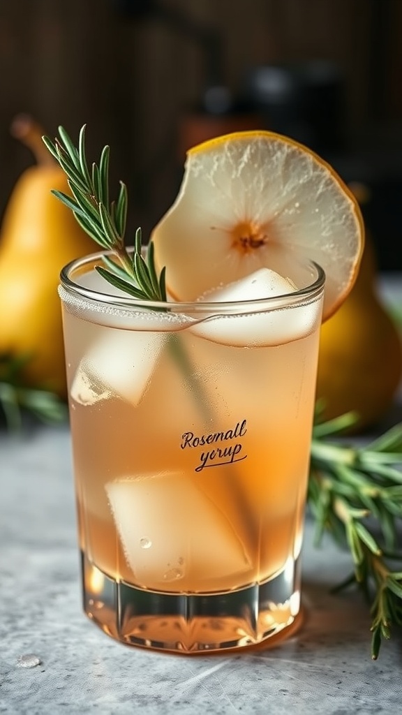 A glass of Pear Rosemary Delight Mocktail with rosemary sprig and lemon slice