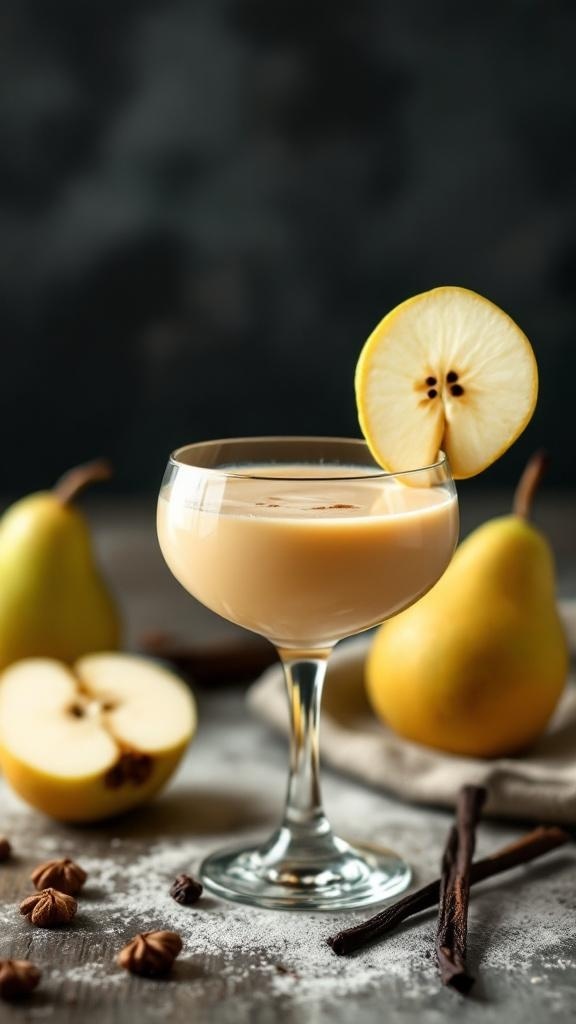 A pear vanilla bean mocktail garnished with a pear slice.