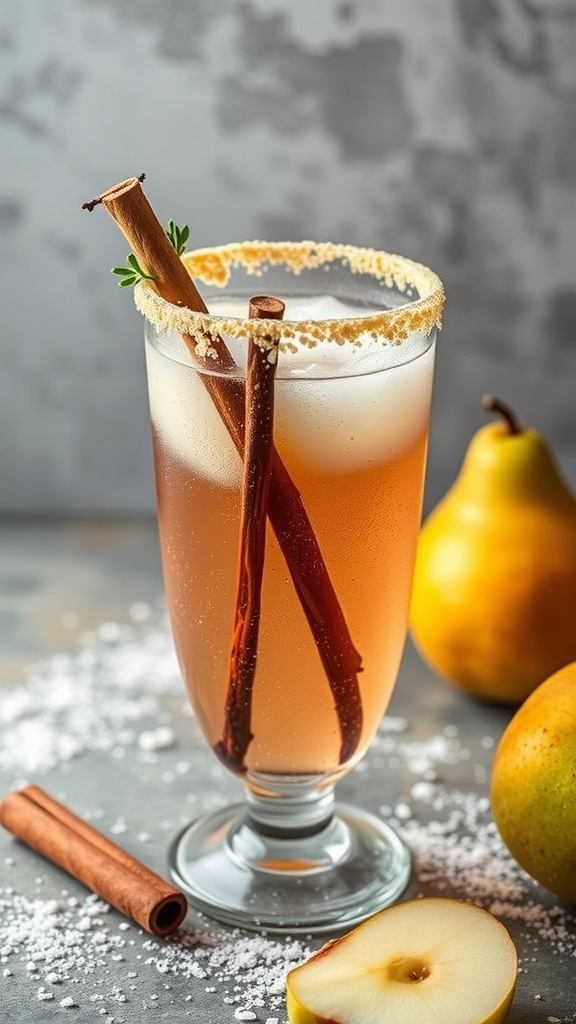 A beautifully crafted Pear Vanilla Crown Mocktail garnished with cinnamon sticks and surrounded by fresh pears.