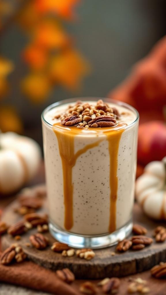 A creamy Pecan Maple Pie Smoothie topped with pecans and caramel drizzle.