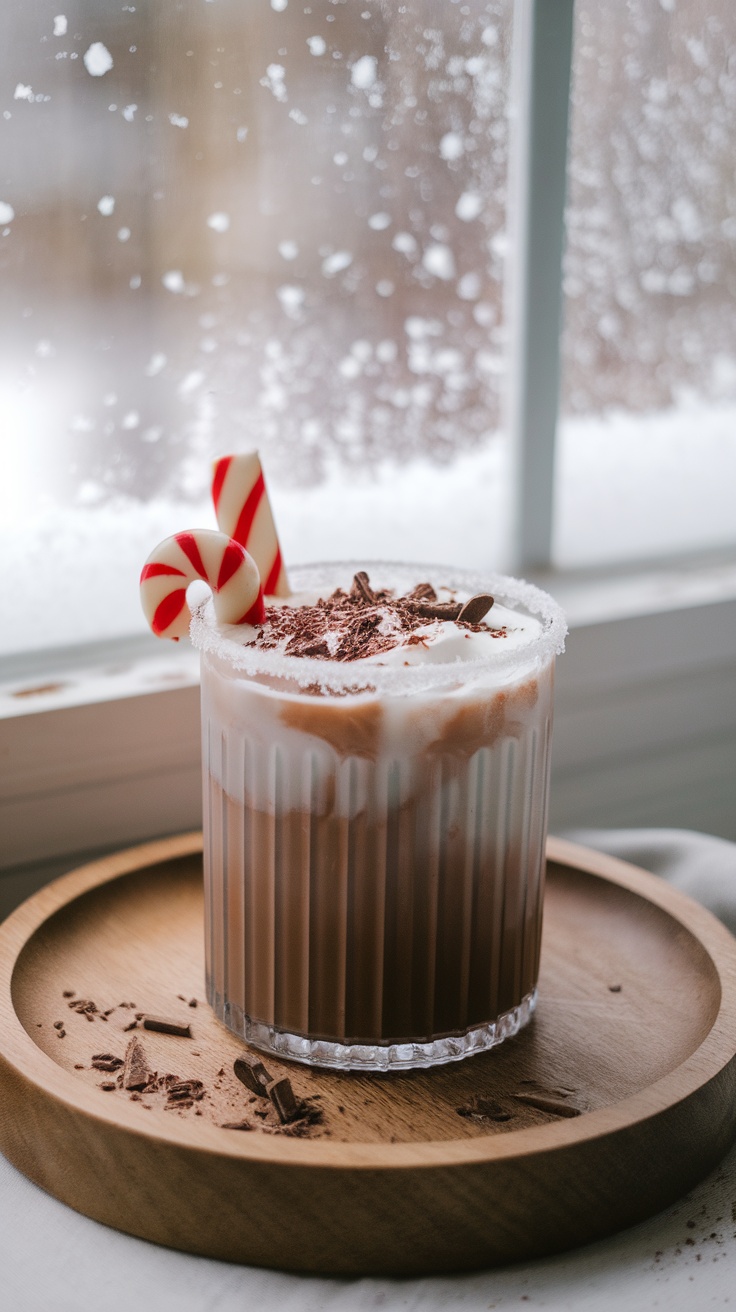 A festive Peppermint Cocoa Cooler mocktail served in a glass with whipped cream, chocolate shavings, and candy canes, with a snowy window in the background.