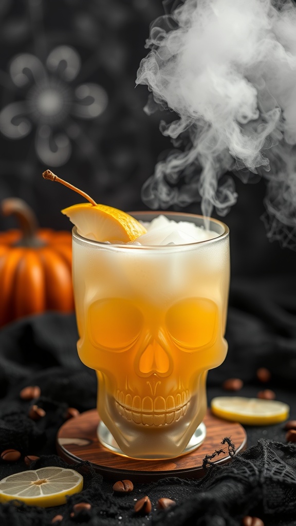 A spooky non-alcoholic drink in a skull-shaped glass, with smoke and a slice of lemon.