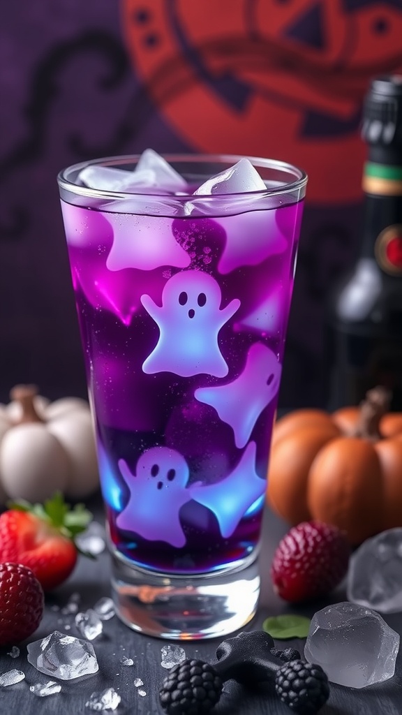 A colorful Halloween mocktail with ghost-shaped ice cubes.