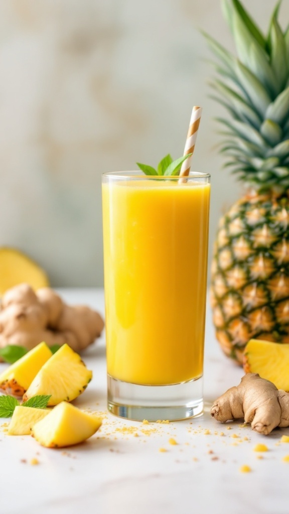 A glass of pineapple-ginger juice with pineapple and ginger pieces in the background.