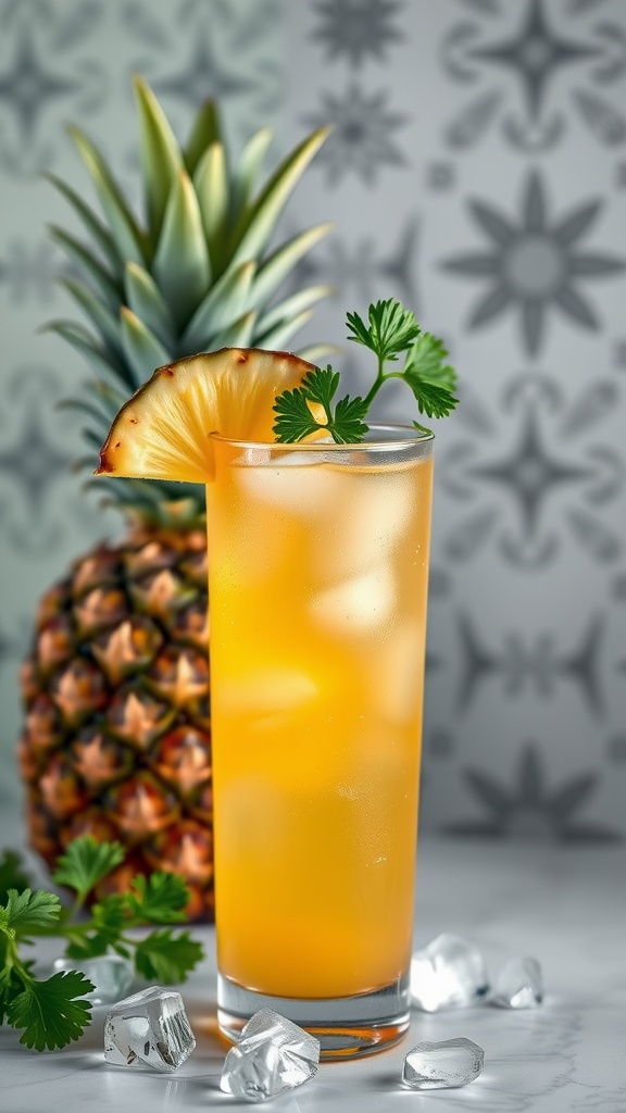 A glass of pineapple-parsley juice with ice, garnished with parsley and a slice of pineapple, next to a pineapple.