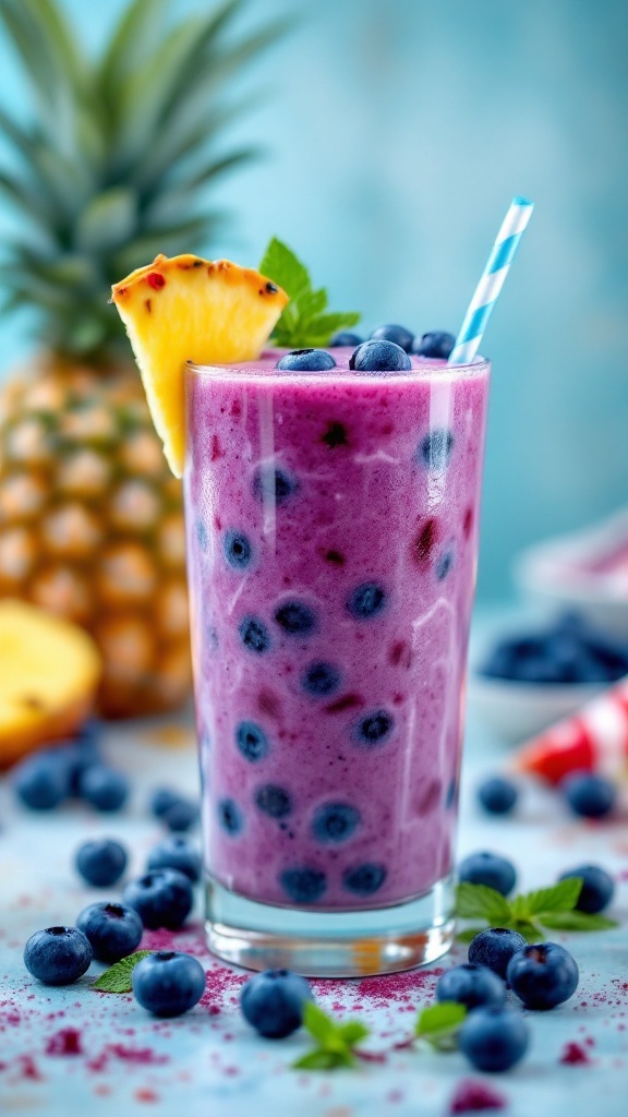 A colorful Pineapple Blueberry Mocktail in a glass with a pineapple slice and blueberries.