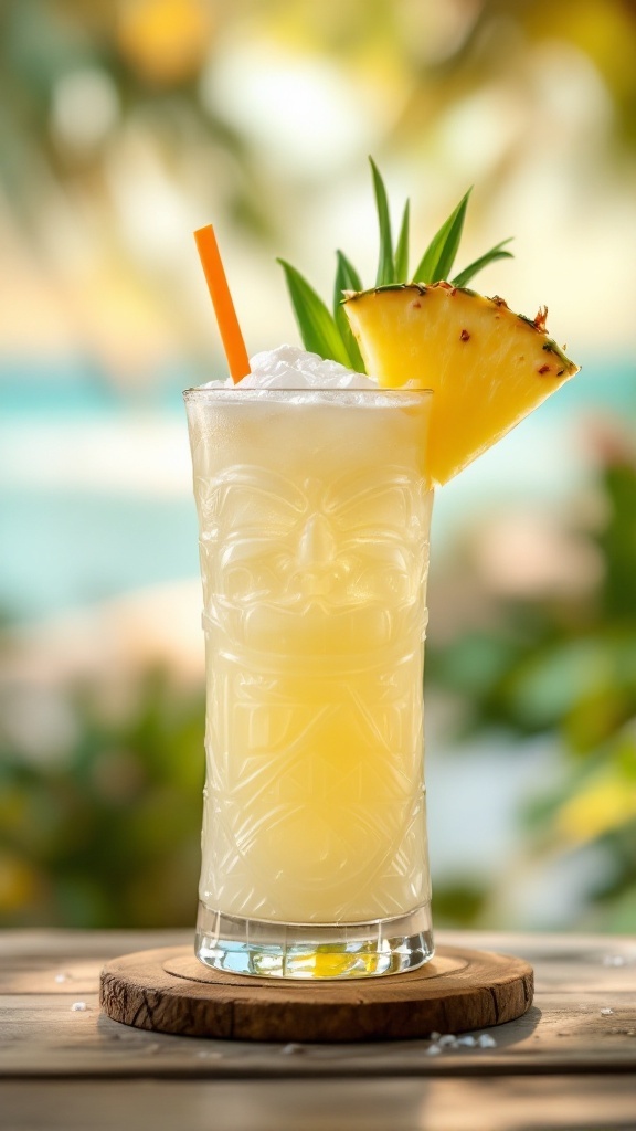 A tropical pineapple mocktail with a decorative glass, garnished with pineapple slice and green leaves.